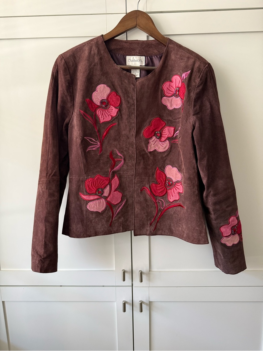 Vintage Chadwicks Brown Suede Leather Embroidered Floral Jacket Size 12